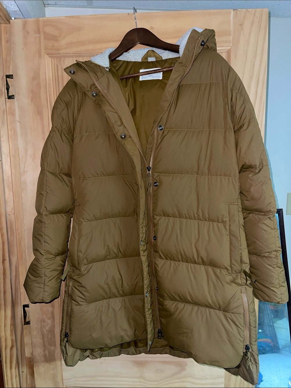 REI Oak Brown Long Women's Puffer Jacket with Hood